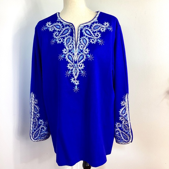 NWT BOB MACKIE WEARABLE ART PLUS 1X ROYAL BLUE EMBROIDERED TUNIC SWEATER ARTSY - Picture 1 of 12